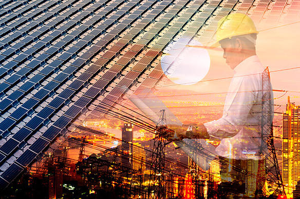 Graphic of man looking at blueprints with solar panels and industrial structure in the background