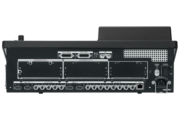 AV-UHS500 4K switcher with standard 12G-SDI and HDMI inputs and outputs with expansion slots