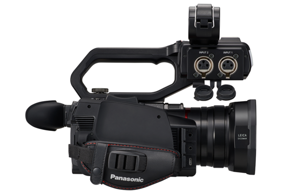 Side view of 4K camcorder with 24 bit XLR audio inputs with 48v phantom power
