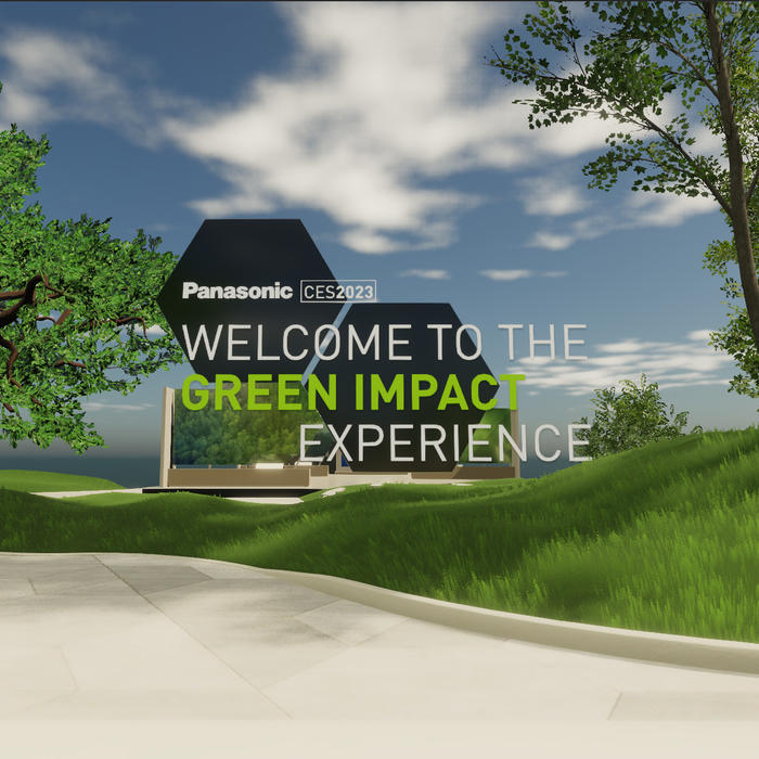 A preview of Panasonic's GREEN IMPACT Digital Experience for CES 2023, depicting a virtual reality park setting