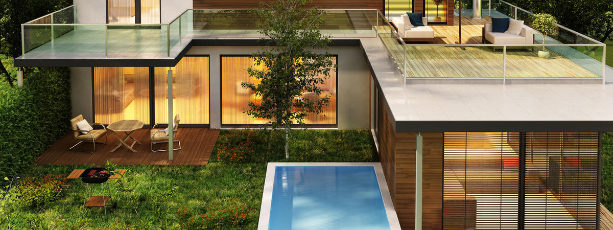 Modern house with pool and solar panels